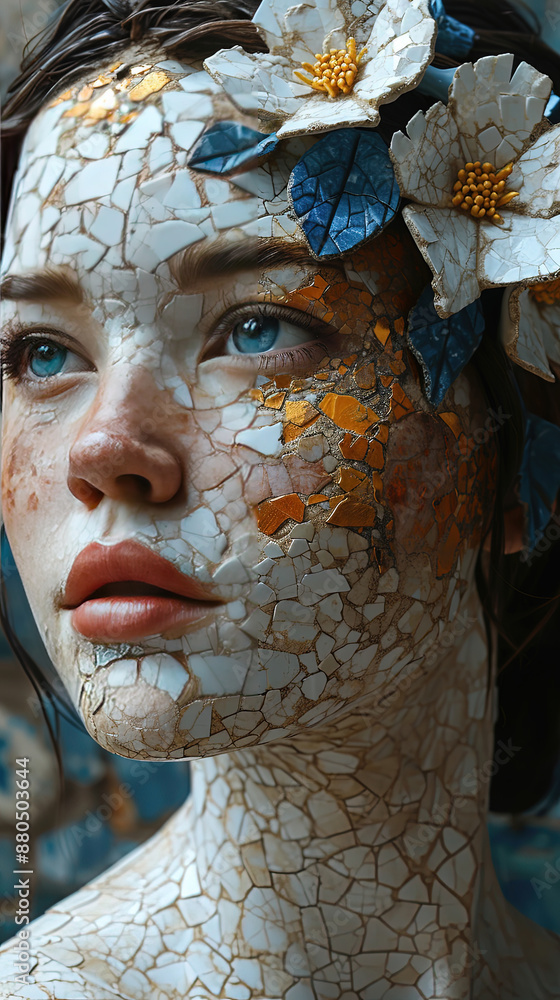 Mosaic Art Gorgeous Flower Women Cyborg Portrait Mirroring Effect Detailed Abstract Painting Background Mosaic Art Gorgeous Flower Women Cyborg Portrait Mirroring Effect Detailed Abstract Painting Background