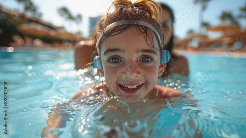 An excited child with wide eyes and swimming goggles swims close to the water's surface in a pool, radiating excitement and joy on a sunny day, with someone blurred behind. © Maximages 