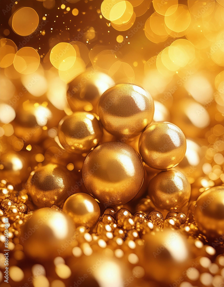 A pyramid of large, shiny, golden spheres rests on a bed of smaller spheres, with a bokeh background of twinkling golden lights A pyramid of large, shiny, golden spheres rests on a bed of smaller spheres, with a bokeh background of twinkling golden lights