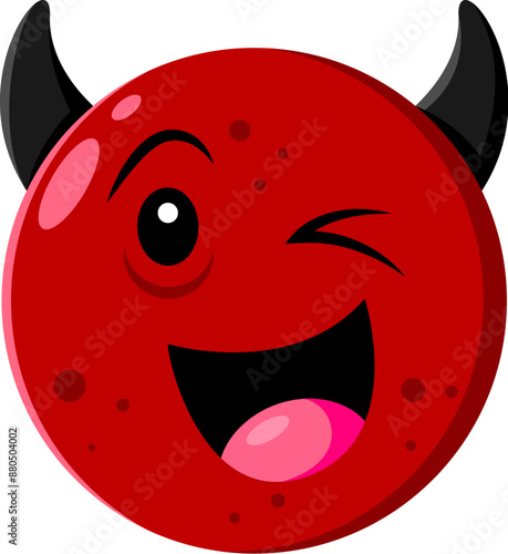 Halloween holiday devil emoji cartoon character. Isolated vector red, mischievous, grinning imp face with devilish horns, wink eye and happy smile, used to convey playful or wicked intent in messages