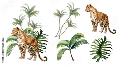 Watercolor leopard with palm leaves
