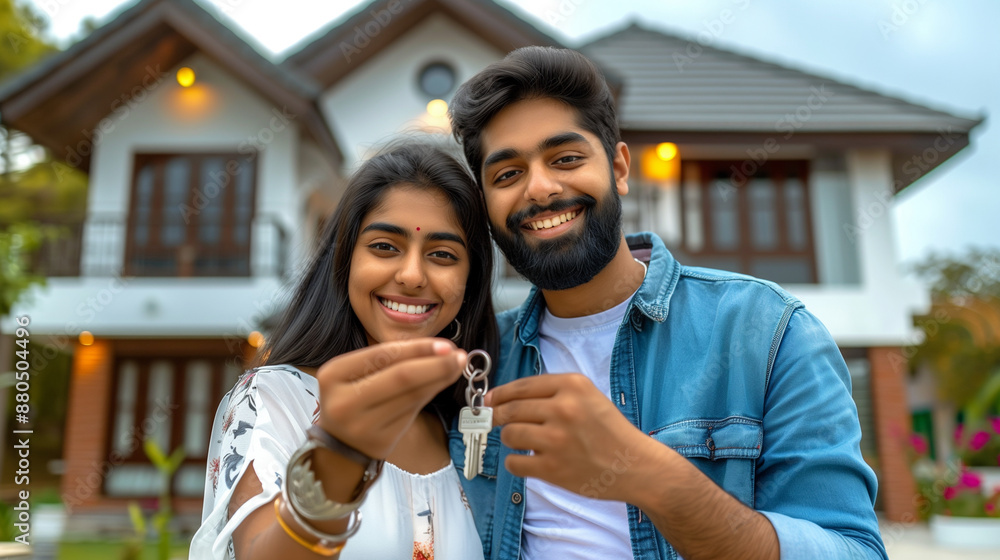 Happy Indian couple buying a house Show the house key. Beautiful home backgrounds, outdoor photos, real estate, Happy Indian couple buying a house Show the house key. Beautiful home backgrounds, outdoor photos, real estate,