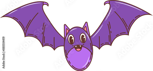 Cartoon retro groovy Halloween bat for horror night holiday, vector funky comic character. Groovy funny bat with happy smiling face and spooky fangs for Halloween holiday trick or treat party