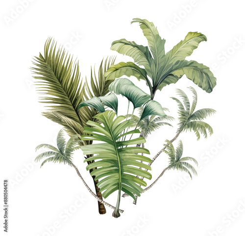 Watercolor palm leaves bouquet composition