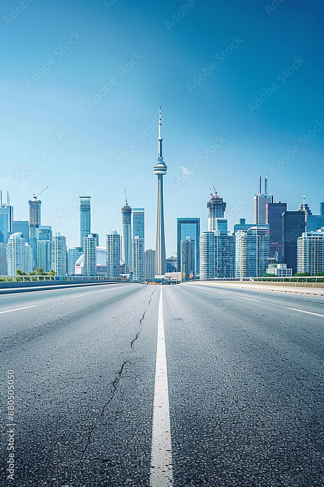 Naklejka premium An empty highway leading towards a city's skyline with a prominent tower, captured on a clear day, representing urban expansion and journey.