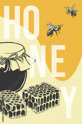 Bee honey label or flyer with jar and honeycombs. Healthy organic natural honey product advertising banner for harvest festival, local product label and farm market. apiculture sketch vector  