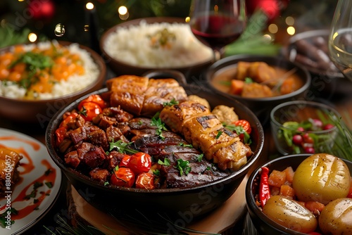 Festive Feast with Grilled Meats and Assorted Side Dishes