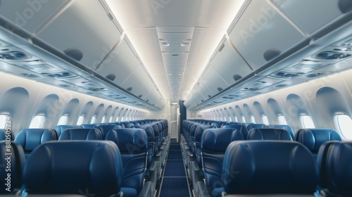 Airplane interior of commercial passenger. Airplane cabin and aisle with empty seats inside of plane