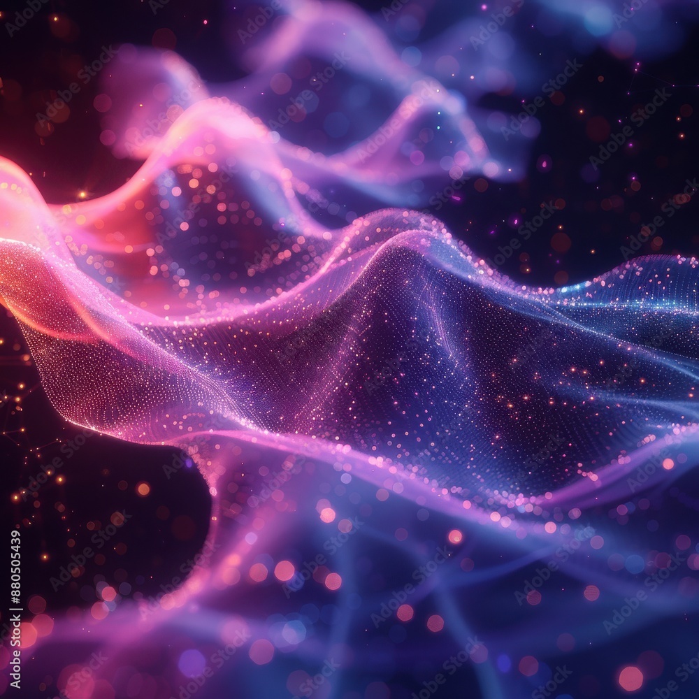 Vibrant abstract digital art with fluid wave patterns and glowing particles, blending purple and pink hues in a dynamic, futuristic style. Vibrant abstract digital art with fluid wave patterns and glowing particles, blending purple and pink hues in a dynamic, futuristic style.