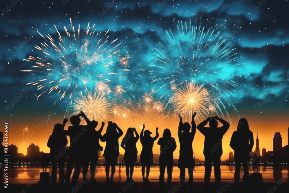 Group of people rejoices against the sky with bright fireworks during festive Group of people rejoices against the sky with bright fireworks during festive