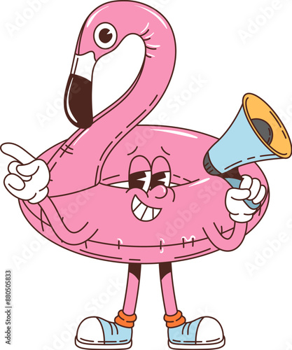 Retro groovy flamingo rubber floating ring character with a cheerful face, holding a megaphone and wearing sneakers. Isolated cartoon vector funky floater personage ready for safety in the pool or sea
