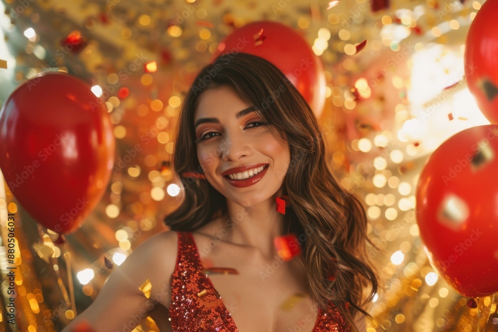 Glamorous celebration with a stunning woman in a red dress surrounded by golden lights and red balloons Glamorous celebration with a stunning woman in a red dress surrounded by golden lights and red balloons