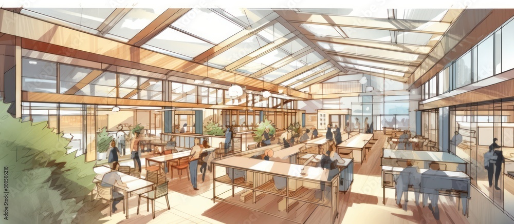 A Sketch of a Modern, Well-Lit Cafe Interior A Sketch of a Modern, Well-Lit Cafe Interior