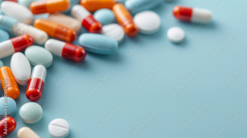 A variety of colorful pills and capsules scattered on a blue surface, ideal for medical and pharmaceutical concept imagery. A variety of colorful pills and capsules scattered on a blue surface, ideal for medical and pharmaceutical concept imagery.