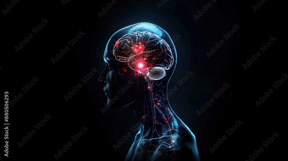 A hologram of a human brain. 3D rendering of a human head with a glowing brain on a black background. Human head with brain in a side view. Brain futuristic technology. Artificial intelligence brain A hologram of a human brain. 3D rendering of a human head with a glowing brain on a black background. Human head with brain in a side view. Brain futuristic technology. Artificial intelligence brain