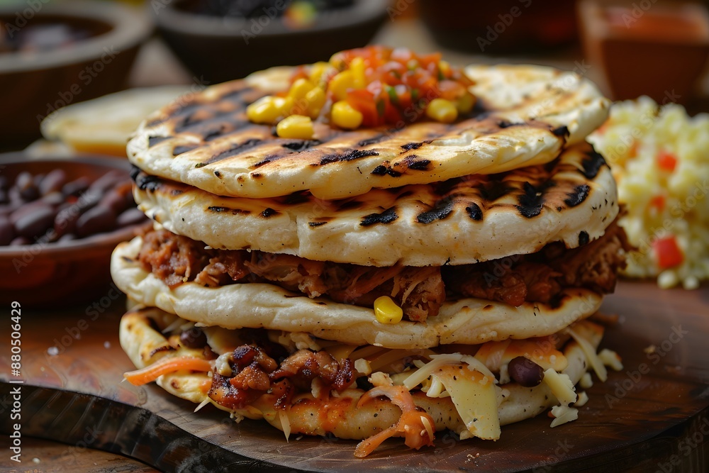Delicious Stack of Grilled Arepas with Pulled Pork and Fresh Salsa Delicious Stack of Grilled Arepas with Pulled Pork and Fresh Salsa