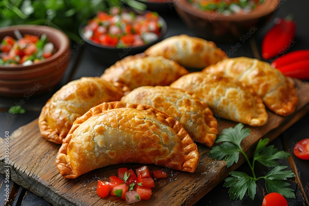 Delicious Golden-Brown Empanadas with Fresh Salsa on a Wooden Board Delicious Golden-Brown Empanadas with Fresh Salsa on a Wooden Board