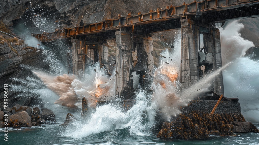 Obraz premium A controlled explosion of an old bridge collapsing into a river.