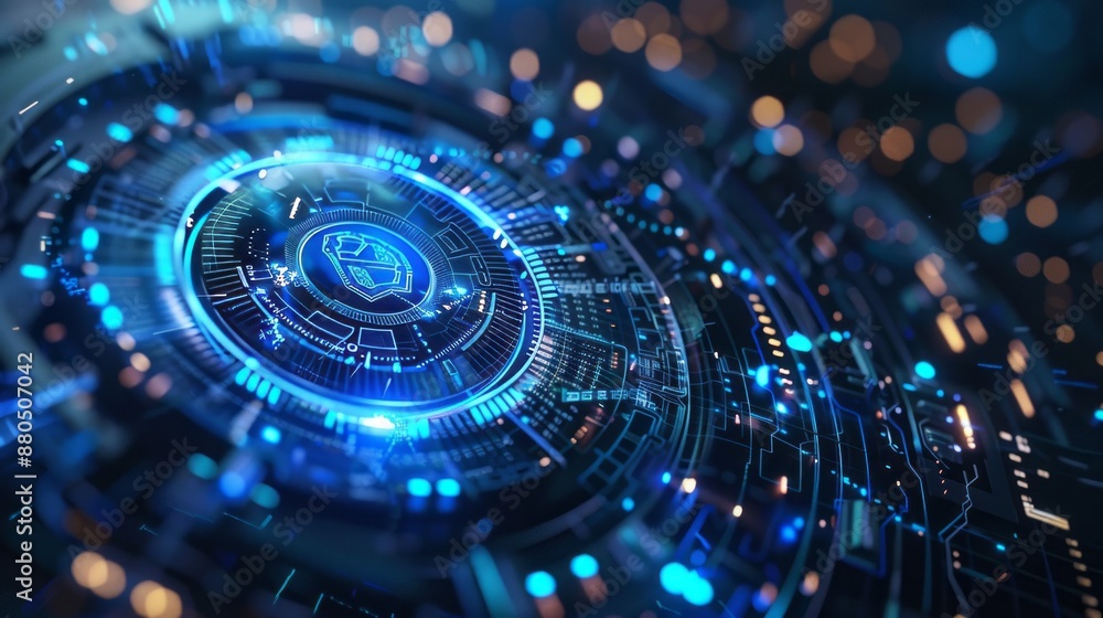 Futuristic Digital Technology Background with Abstract Geometric Shapes and Glowing Neon Lines, High-Tech Circuit Board Pattern, Innovative Cyber Interface Design, Ideal for Virtual Reality, Artificia