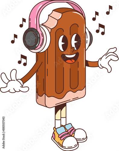 Retro groovy ice cream character with headphones, enjoying music. Isolated cartoon vector popsicle dessert personage with happy joyful expression and sneakers, dancing to musical notes with funky vibe