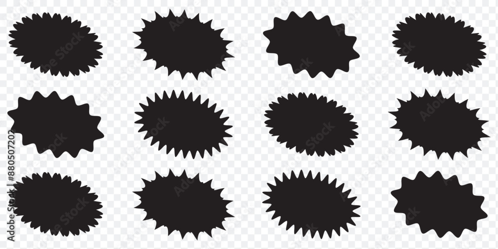 Set of Starburst stickers, labels, icon. Black star price tag or quality mark badge isolated on white background. Sunburst sale banners illustration. Set of Starburst stickers, labels, icon. Black star price tag or quality mark badge isolated on white background. Sunburst sale banners illustration.
