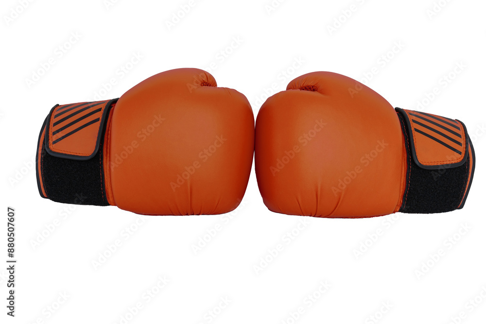 Two orange boxing gloves with black straps on a white background Two orange boxing gloves with black straps on a white background