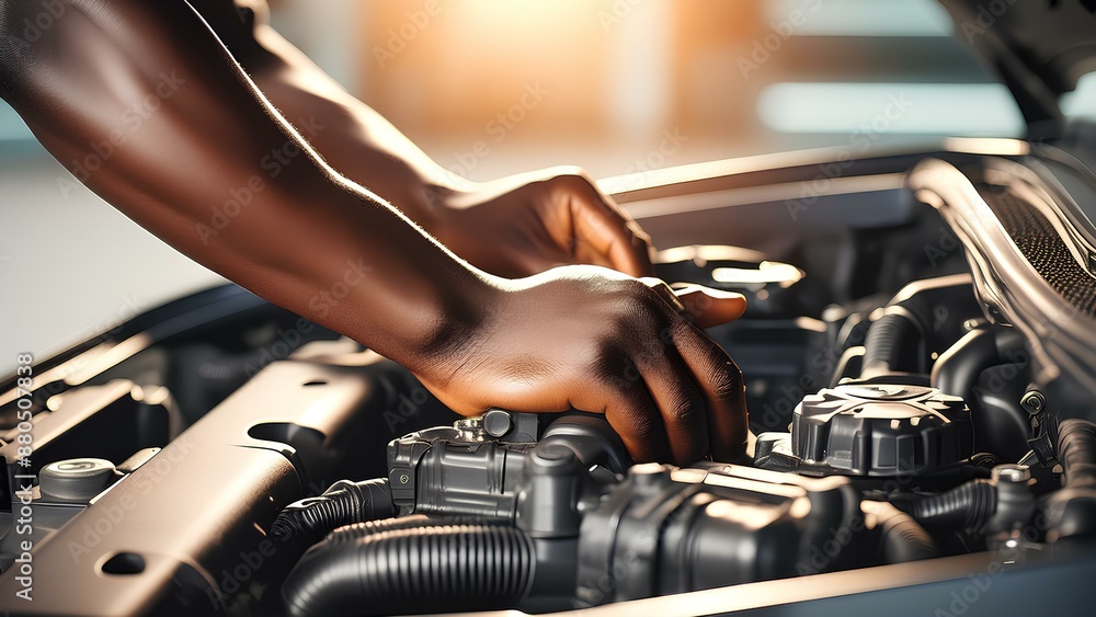A mechanic at a car service center is servicing a car. Hands of an auto mechanic working to repair a car under the hood. Diagnosis of a car engine at a maintenance service. A mechanic at a car service center is servicing a car. Hands of an auto mechanic working to repair a car under the hood. Diagnosis of a car engine at a maintenance service.