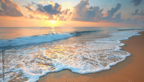 Gentle Ocean Waves Rolling Onto a Sandy Beach at Sunset