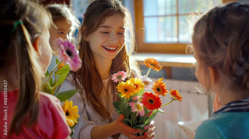 A happy girl holds flowers in her hands. A group of schoolgirls is going to give a bouquet of flowers to their favorite teacher. Teacher's Day A happy girl holds flowers in her hands. A group of schoolgirls is going to give a bouquet of flowers to their favorite teacher. Teacher's Day