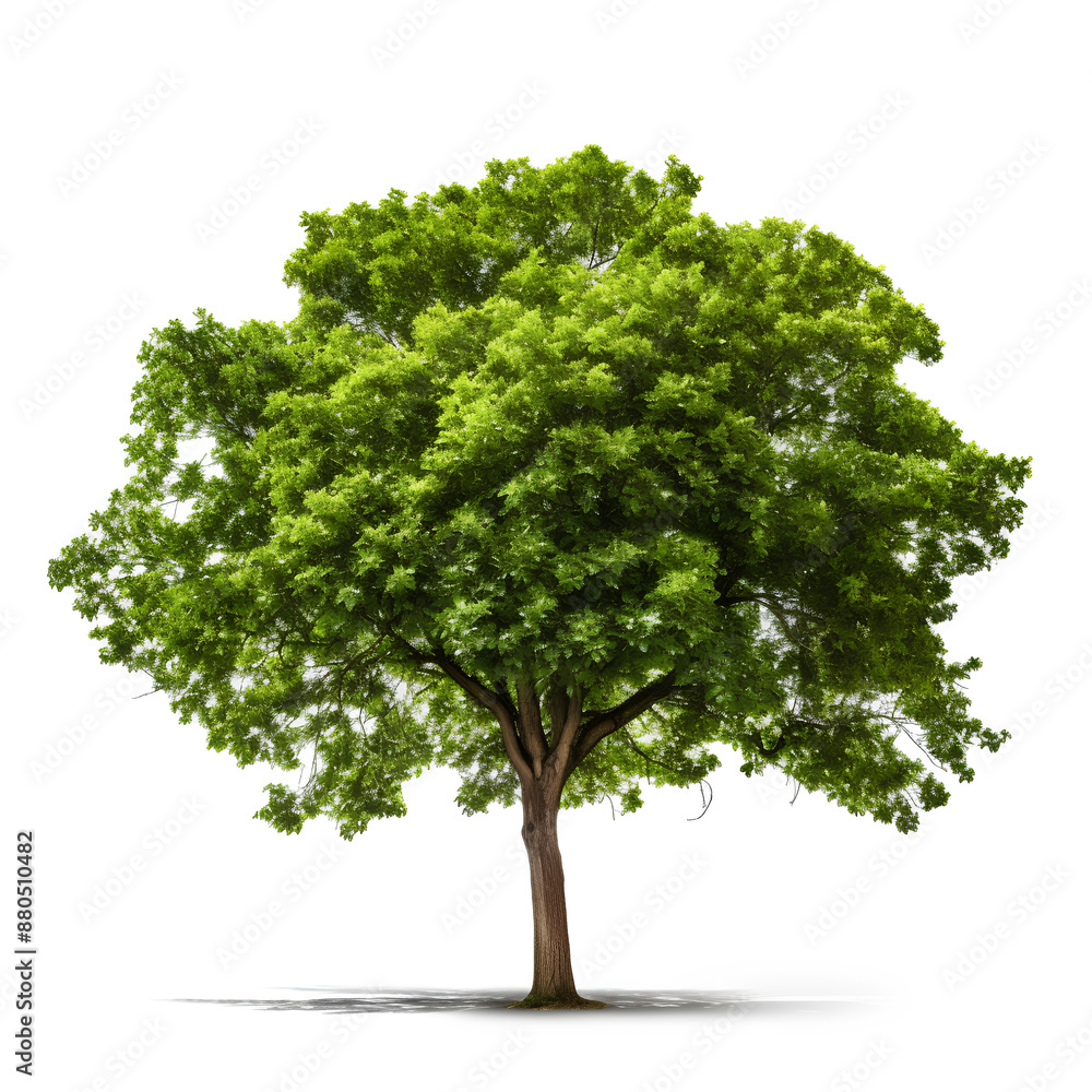 A single green oak tree isolated on a white background, showcasing its leaves and trunk in a natural summer setting A single green oak tree isolated on a white background, showcasing its leaves and trunk in a natural summer setting