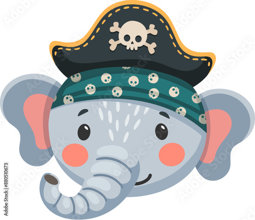 Cartoon elephant animal pirate and corsair. Adorable sailor, captain, skipper and boatswain cute character. Isolated vector kawaii safari zoo personage face with a sweet smile, playful bandana and hat