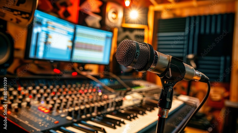 Fototapeta premium A dynamic microphone in a recording studio, positioned for vocal recording sessions.