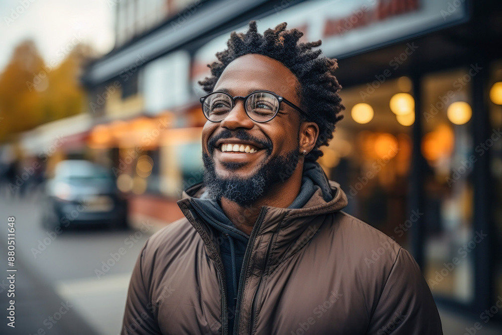 Fototapeta premium Portrait of an adult smiling satisfied handsome bearded black man wearing glasses outdoor
