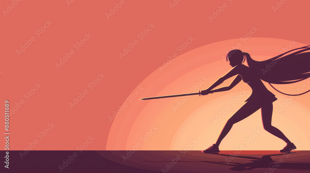 Fototapeta premium Dynamic anime basketball player girl silhouette with sword in hand. Colorful outfit, long hair in tail. art of sporty female character.