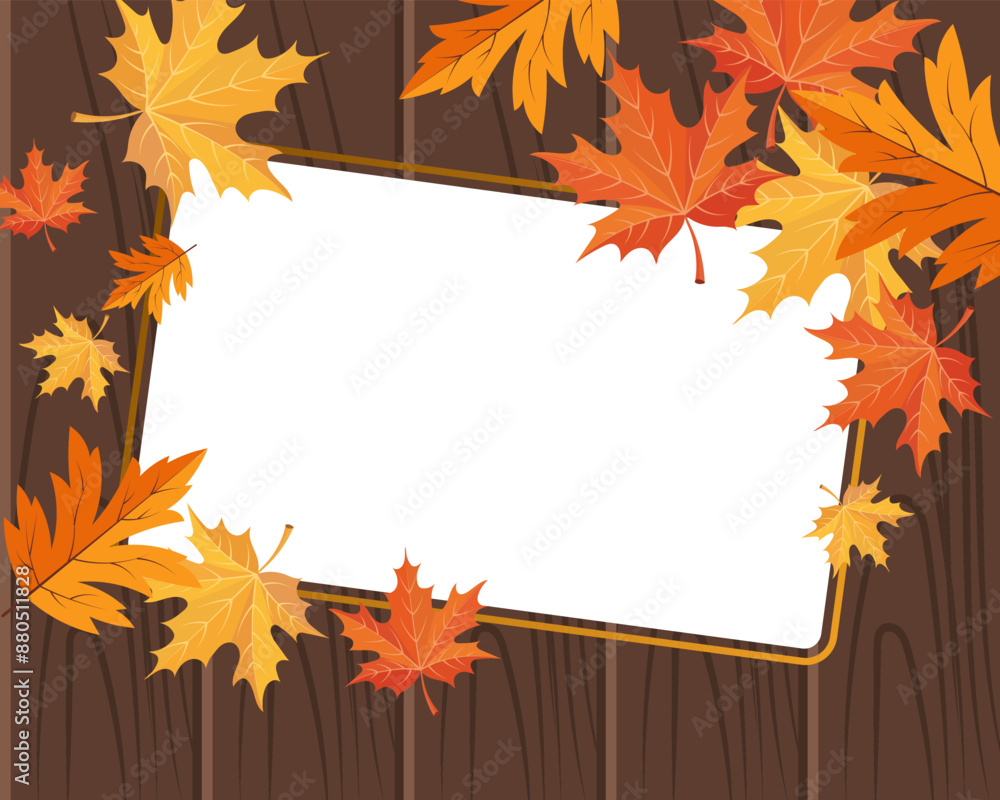 Obraz premium Frame for text with autumn maple leaves on vintage wooden planks. Autumn illustration, vector