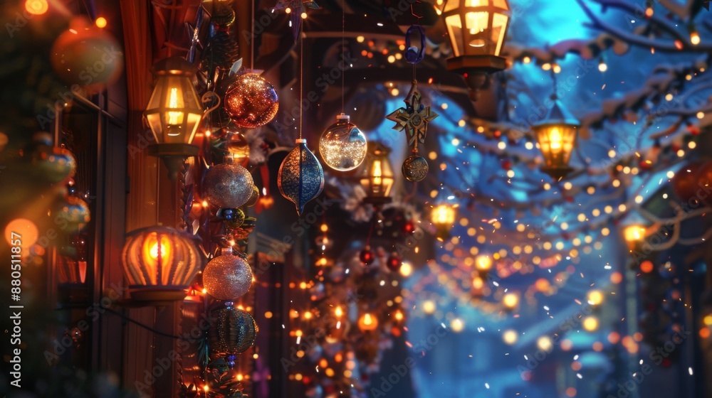 A festive holiday scene with decorative lamps and twinkling lights. A festive holiday scene with decorative lamps and twinkling lights.
