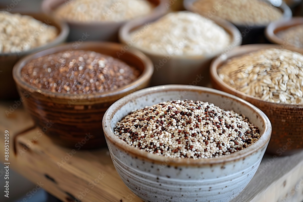 Assorted Grains in Ceramic Bowls on Wooden Table Assorted Grains in Ceramic Bowls on Wooden Table