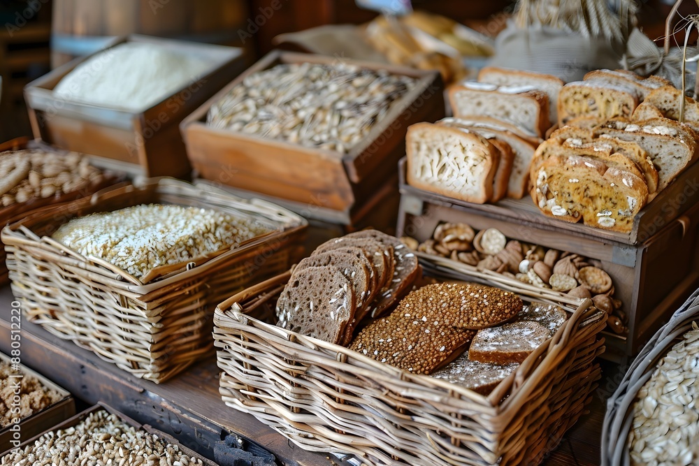 Assortment of Freshly Baked Bread and Grains in Rustic Baskets Assortment of Freshly Baked Bread and Grains in Rustic Baskets