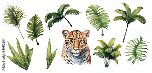 Watercolor leopard with green tropical plants