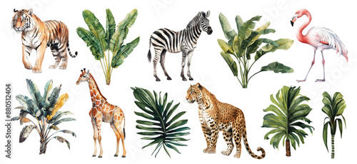Watercolor tropical animals and birds with green tropical plants