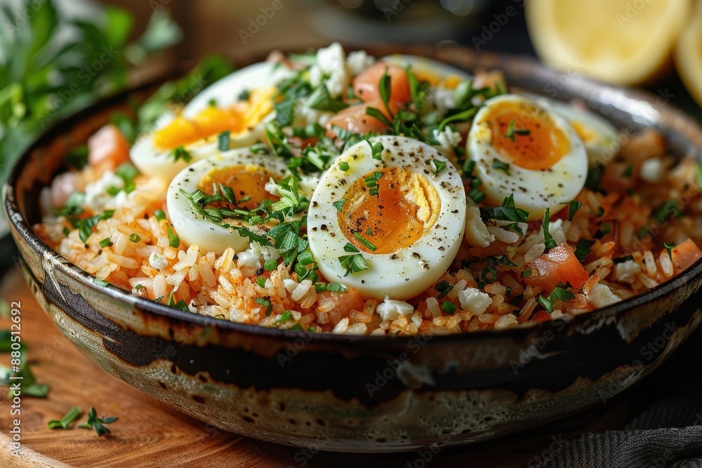 A serving of kedgeree, a rice dish with smoked haddock, boiled eggs, and fresh herbs, garnished with lemon wedges. A serving of kedgeree, a rice dish with smoked haddock, boiled eggs, and fresh herbs, garnished with lemon wedges.