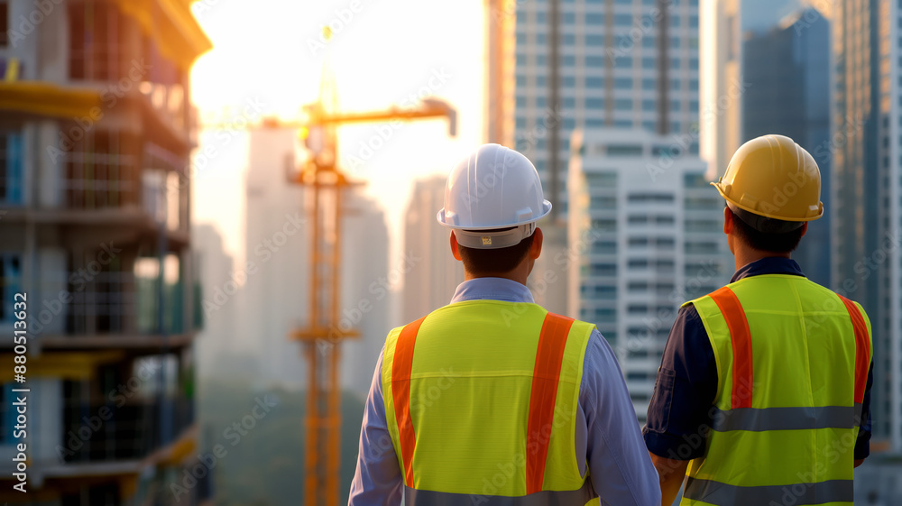 Two construction workers with safety gear surveying a building site at sunrise in a modern city Two construction workers with safety gear surveying a building site at sunrise in a modern city