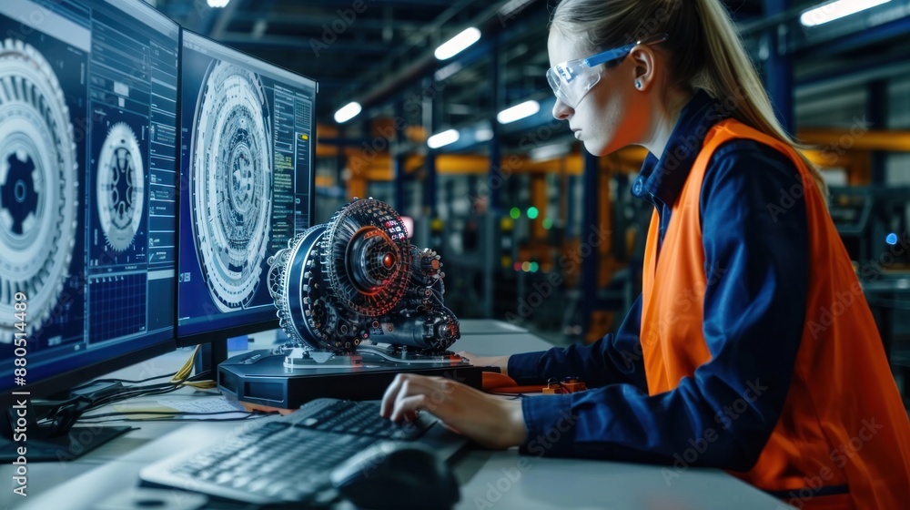 Among the factory workers, a female mechanical engineer designs a 3D engine on her personal computer, while a male automation engineer uses a laptop for programming robotic arms. Among the factory workers, a female mechanical engineer designs a 3D engine on her personal computer, while a male automation engineer uses a laptop for programming robotic arms.