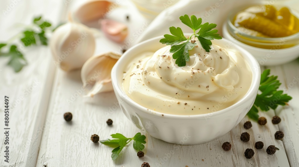 Mayonnaise sauce prepared in white ceramic bowl with ingredients on wooden background. Selective focus. Mayonnaise sauce prepared in white ceramic bowl with ingredients on wooden background. Selective focus.