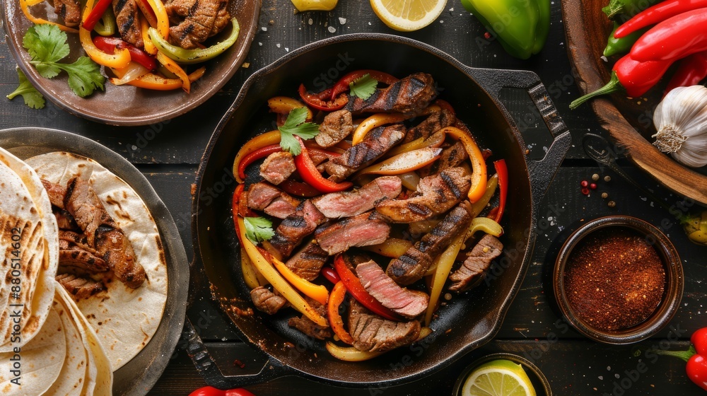 In an iron skillet with corn tortillas, Mexican steak and chicken fajitas are shown from the top down In an iron skillet with corn tortillas, Mexican steak and chicken fajitas are shown from the top down