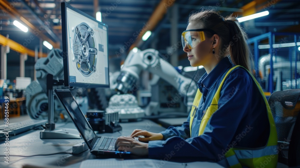 Among the factory workers, a female mechanical engineer designs a 3D engine on her personal computer, while a male automation engineer uses a laptop for programming robotic arms. Among the factory workers, a female mechanical engineer designs a 3D engine on her personal computer, while a male automation engineer uses a laptop for programming robotic arms.