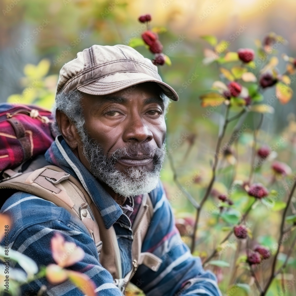 A Male in their Baby Boomers, black, Outdoor gear, hiking boots, Thoughtful and determined, Rural countryside, Picking wild berries A Male in their Baby Boomers, black, Outdoor gear, hiking boots, Thoughtful and determined, Rural countryside, Picking wild berries