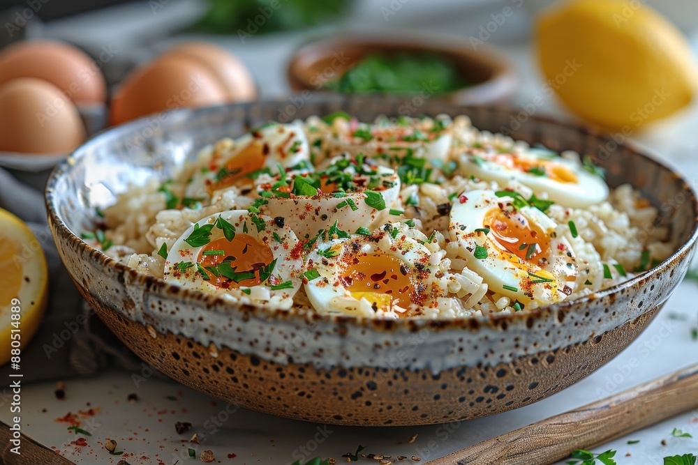 A serving of kedgeree, a rice dish with smoked haddock, boiled eggs, and fresh herbs, garnished with lemon wedges. A serving of kedgeree, a rice dish with smoked haddock, boiled eggs, and fresh herbs, garnished with lemon wedges.