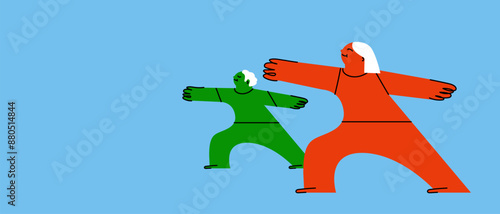 Two colorful drawn characters with positive facial expressions practicing yoga, doing exercises again blue background. Creative vector illustration. Concept of physical and mental health. Hand drawn