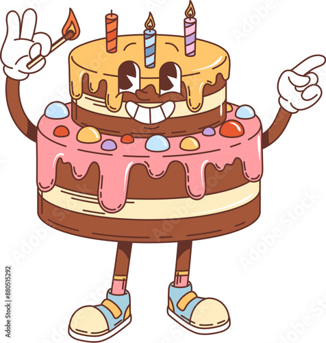 Retro groovy birthday cake character. Isolated cartoon vector festive pastry personage ready to light the candles, with colorful icing and a big smile, enjoying cheerful birthday event celebration